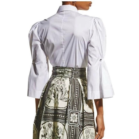 Lela Rose Button-Down Poplin Blouse Top with Pearl Brooch On Puff Sleeve Size 4 - Picture 8 of 16